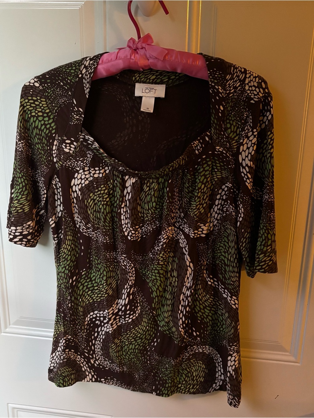 Retro Boho Indie LOFT Green & Brown Patterned Scoop Neck Top